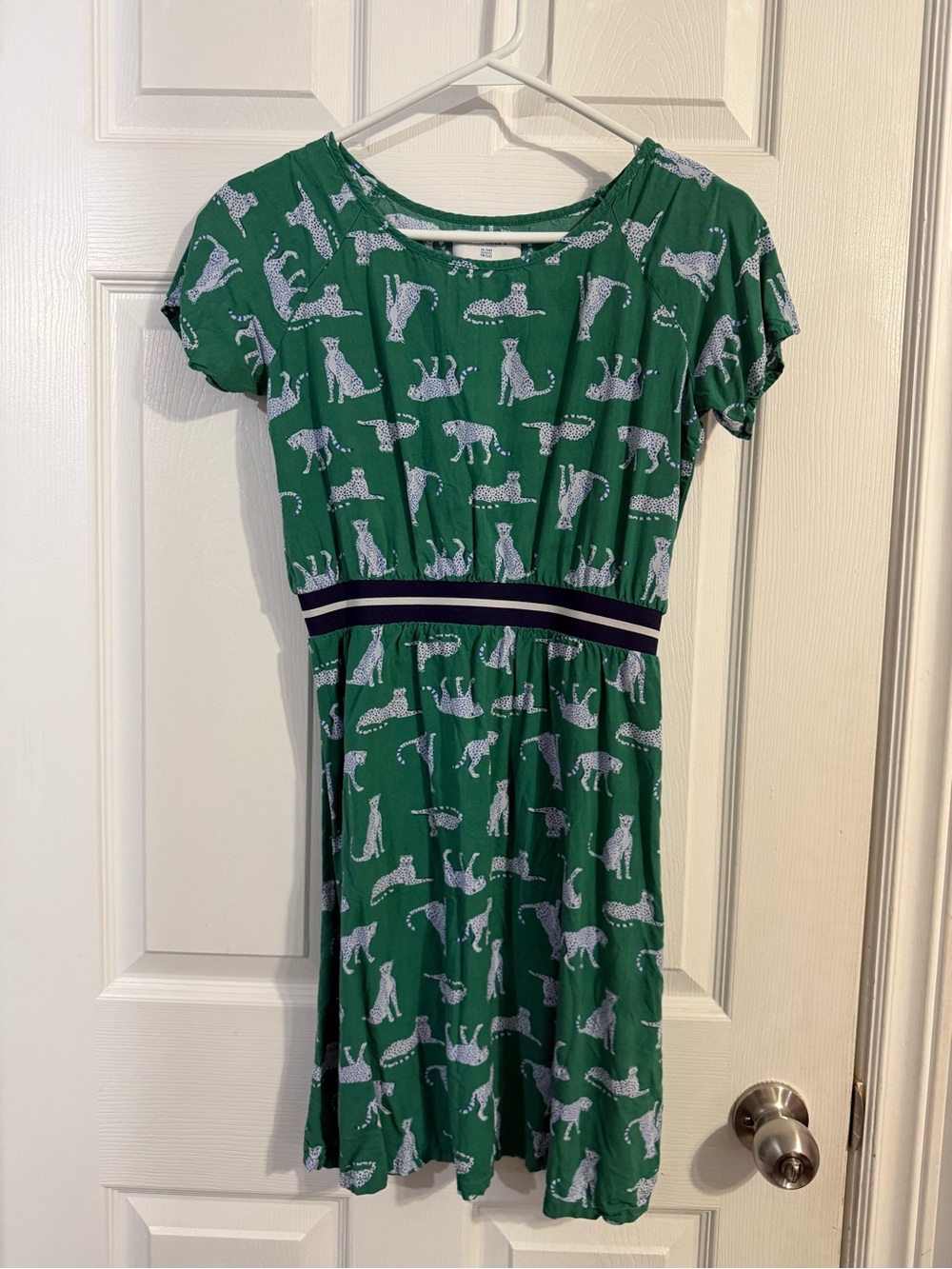 Old Navy Green Dress with White Cat Print and Navy Waistband
